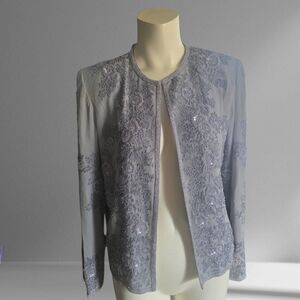 Adrianna Papell Silk Beaded Floral Jacket Silver Formal Evening